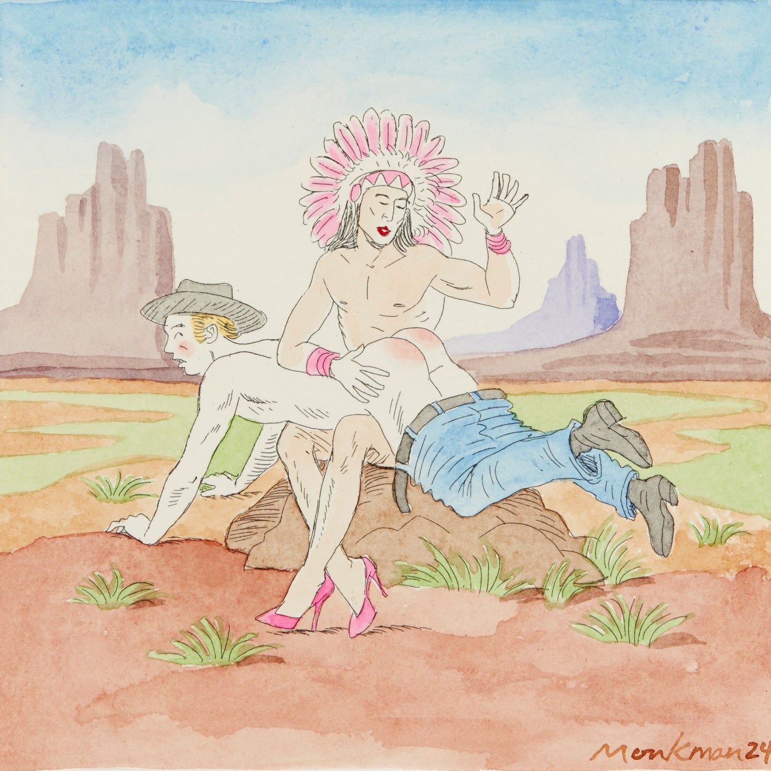 Kent Monkman, How the West Was Won, Copper plate etching with Watercolor on Acid-Free Paper with deckled edges