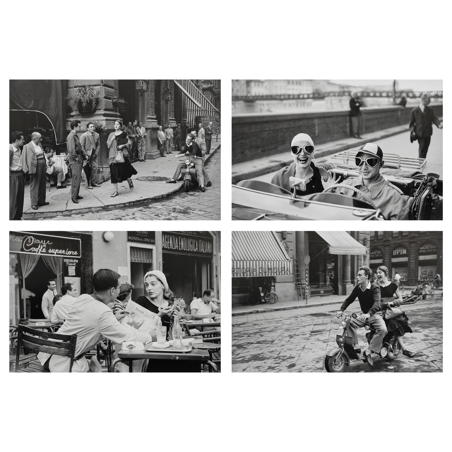 Collage of black and white photos from Ruth Orkin's American Girl in Italy featuring people in various settings, including a cafe and a street.