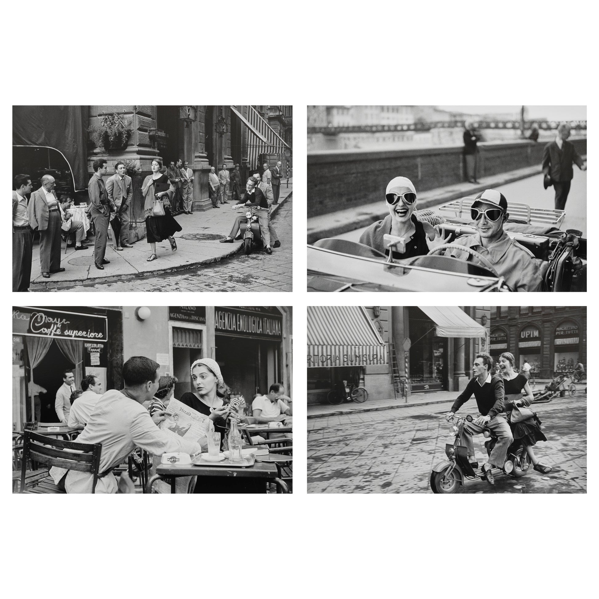 Collage of black and white photos from Ruth Orkin's American Girl in Italy featuring people in various settings, including a cafe and a street.