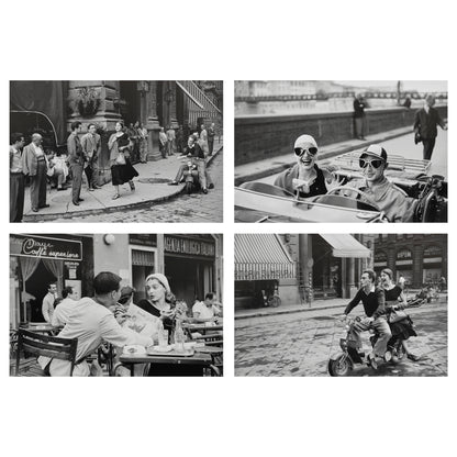 Collage of black and white photos from Ruth Orkin's American Girl in Italy featuring people in various settings, including a cafe and a street.