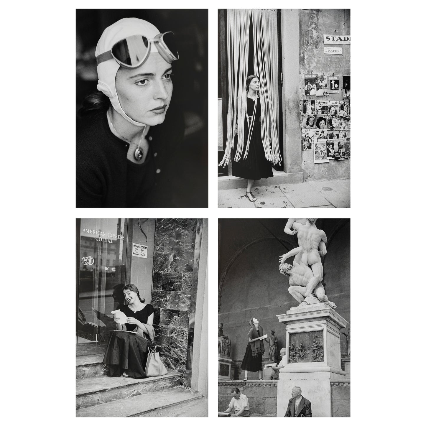 Collage of black and white photos from Ruth Orkin's American Girl in Italy featuring women in various settings.