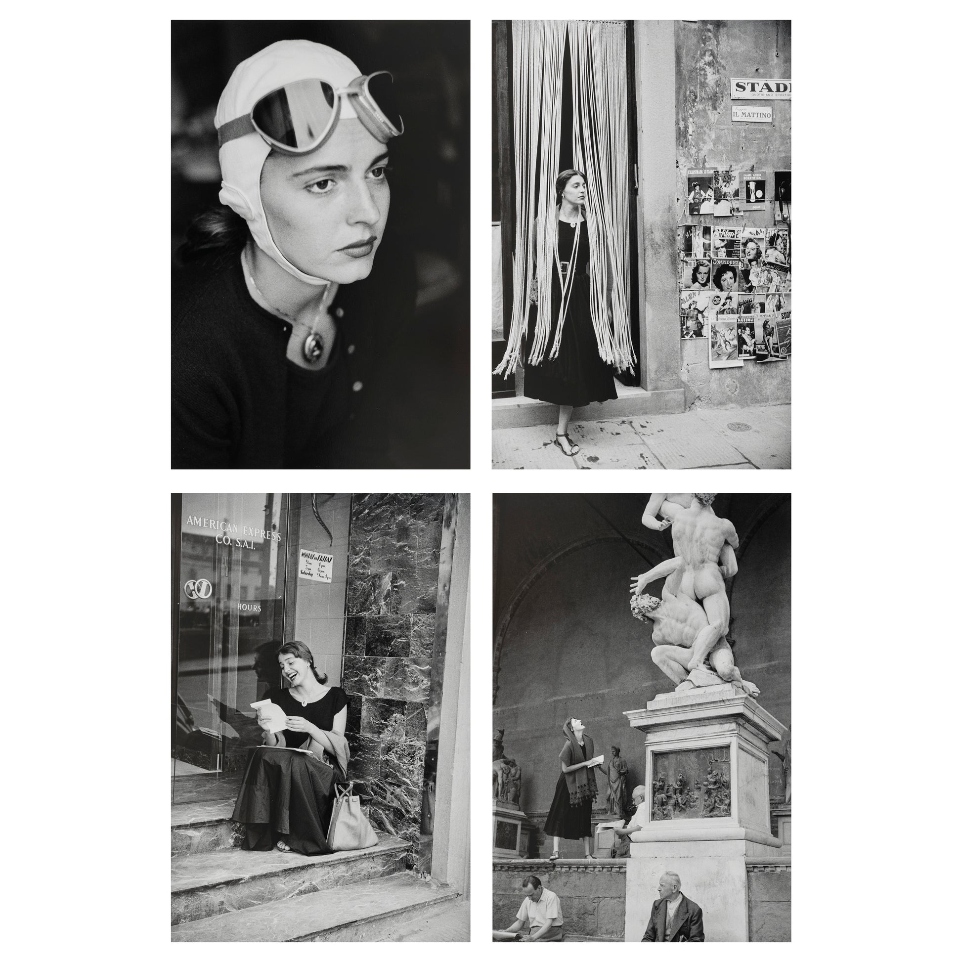 Collage of black and white photos from Ruth Orkin's American Girl in Italy featuring women in various settings.