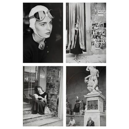 Collage of black and white photos from Ruth Orkin's American Girl in Italy featuring women in various settings.
