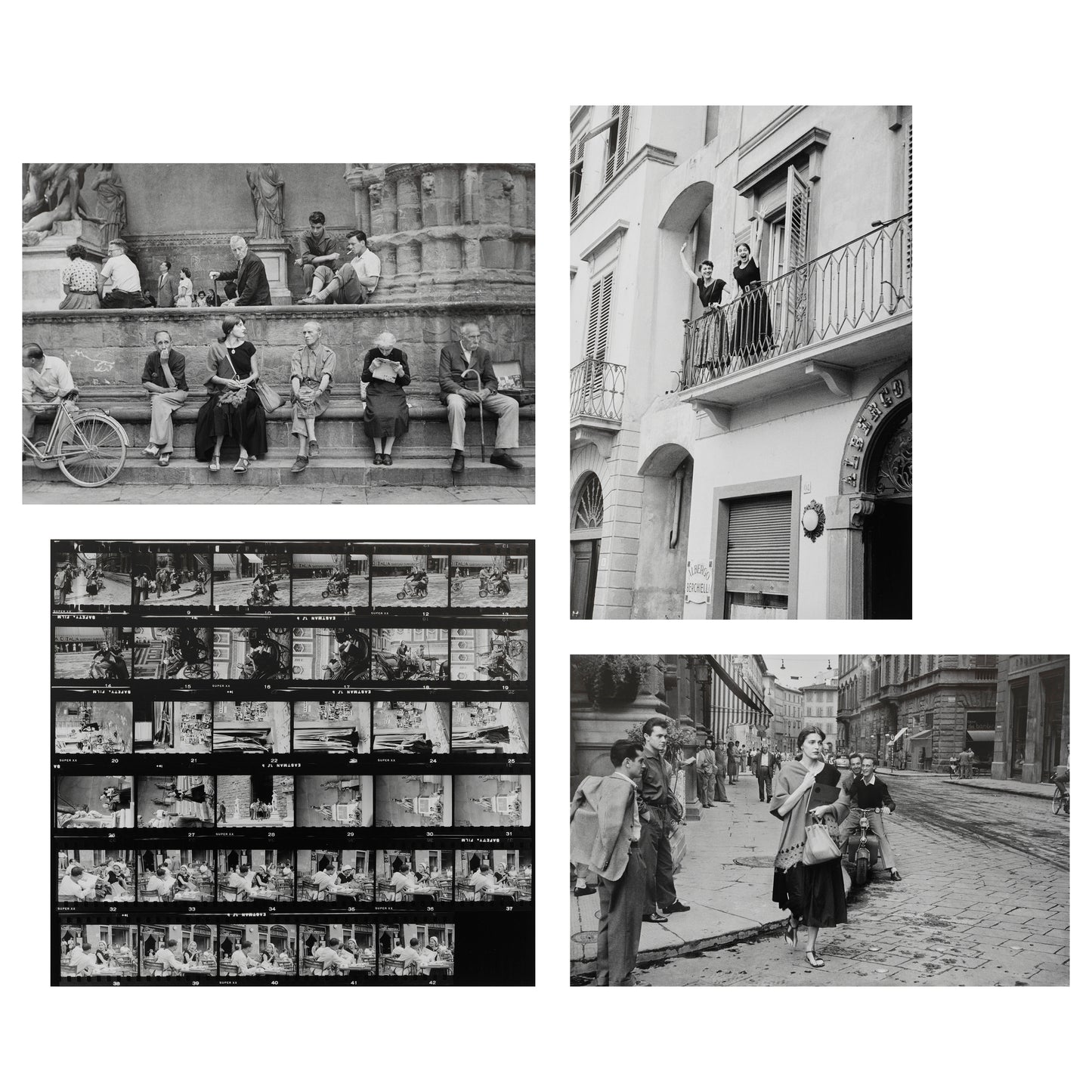 Collage of black and white photos from Ruth Orkin's American Girl in Italy  featuring people in various settings.