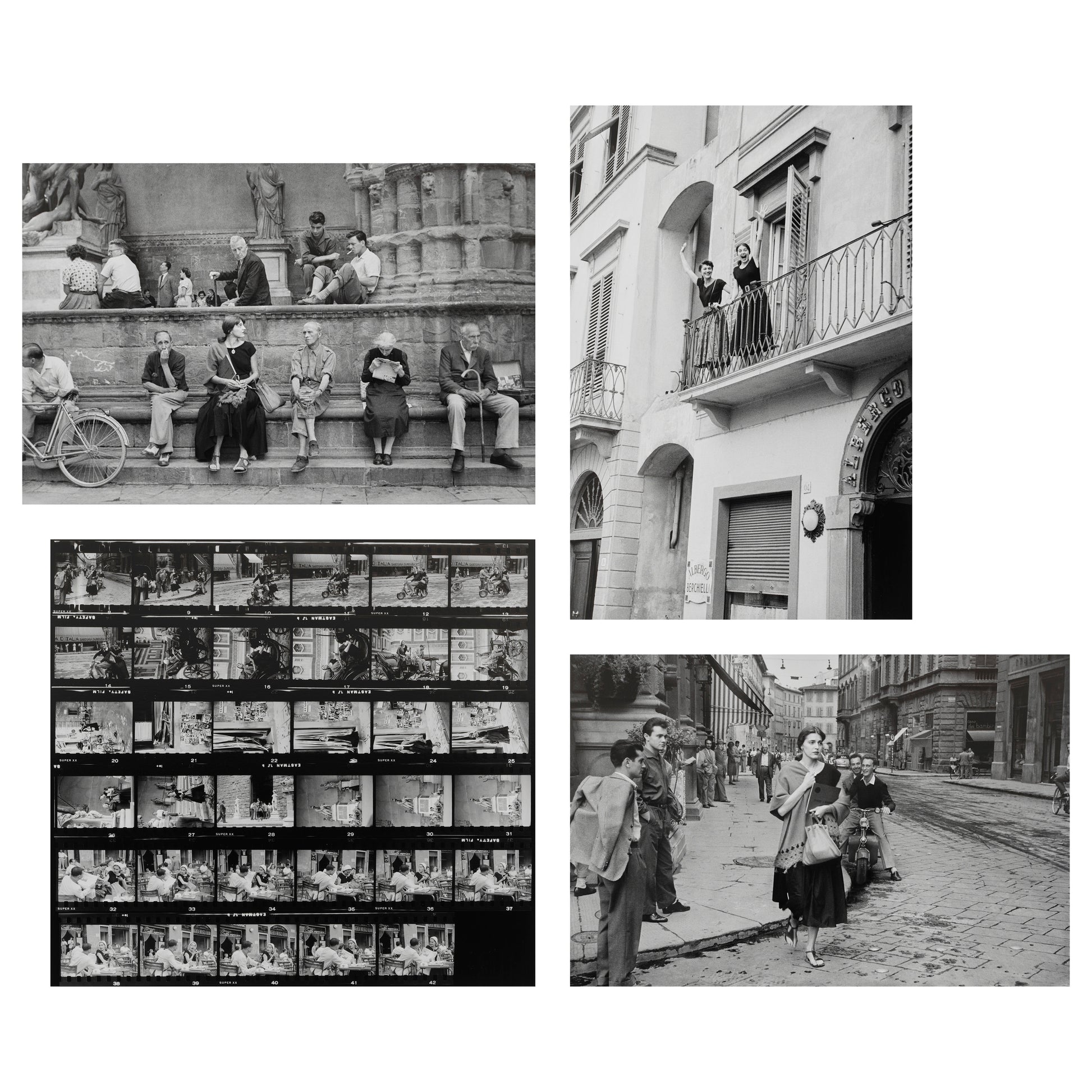 Collage of black and white photos from Ruth Orkin's American Girl in Italy  featuring people in various settings.