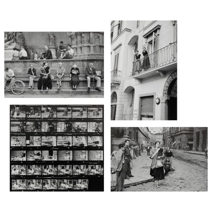Collage of black and white photos from Ruth Orkin's American Girl in Italy  featuring people in various settings.