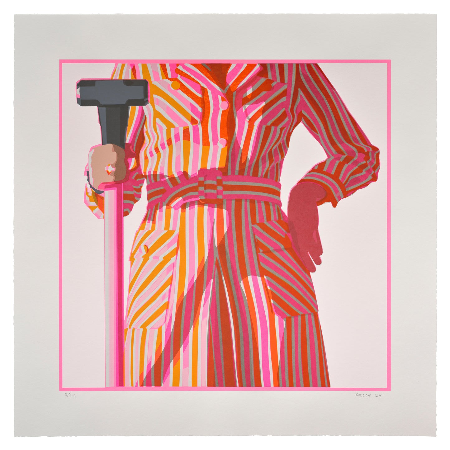 Artistic depiction of a person in a colorful striped outfit holding a pink sledgehammer. Kelly Reemtsen. Dropshop by Phillips.