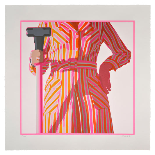 Artistic depiction of a person in a colorful striped outfit holding a pink sledgehammer. Kelly Reemtsen. Dropshop by Phillips.