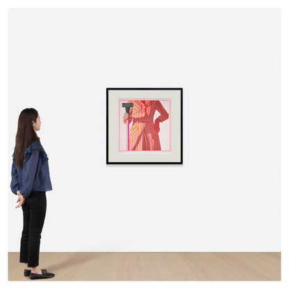 Woman looking at a framed artwork of a person in a colorful outfit on a white wall. Kelly Reemtsen. Dropshop by Phillips.
