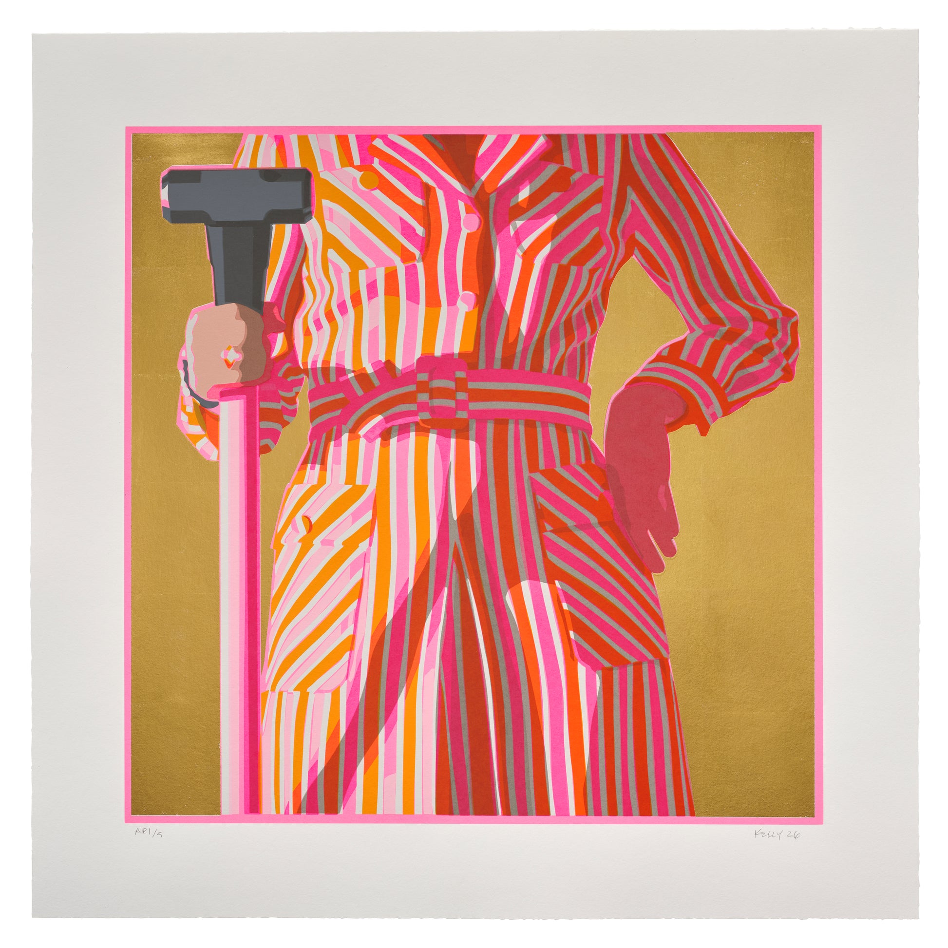 Artistic depiction of a person in a striped outfit holding a sledgehammer against a gold background. kelly reemtsen. dropshop by phillips.