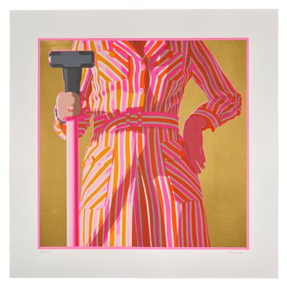 Artistic depiction of a person in a striped outfit holding a sledgehammer against a gold background. kelly reemtsen. dropshop by phillips.